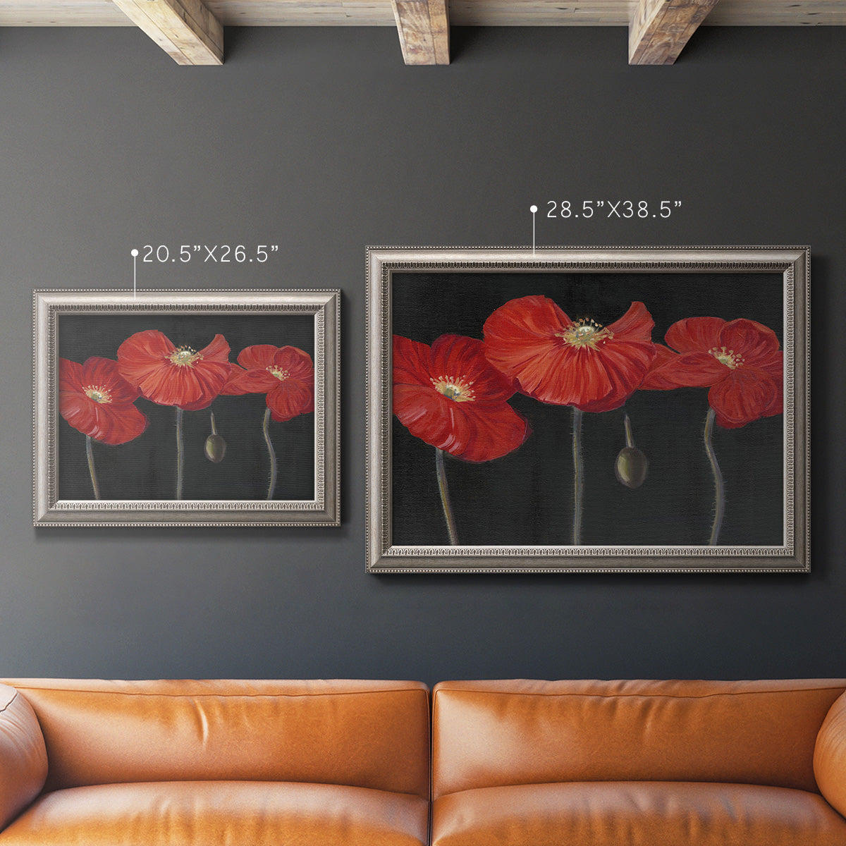 Modern red poppy floral artwork in an ornate vintage silver frame shown in multiple size options.