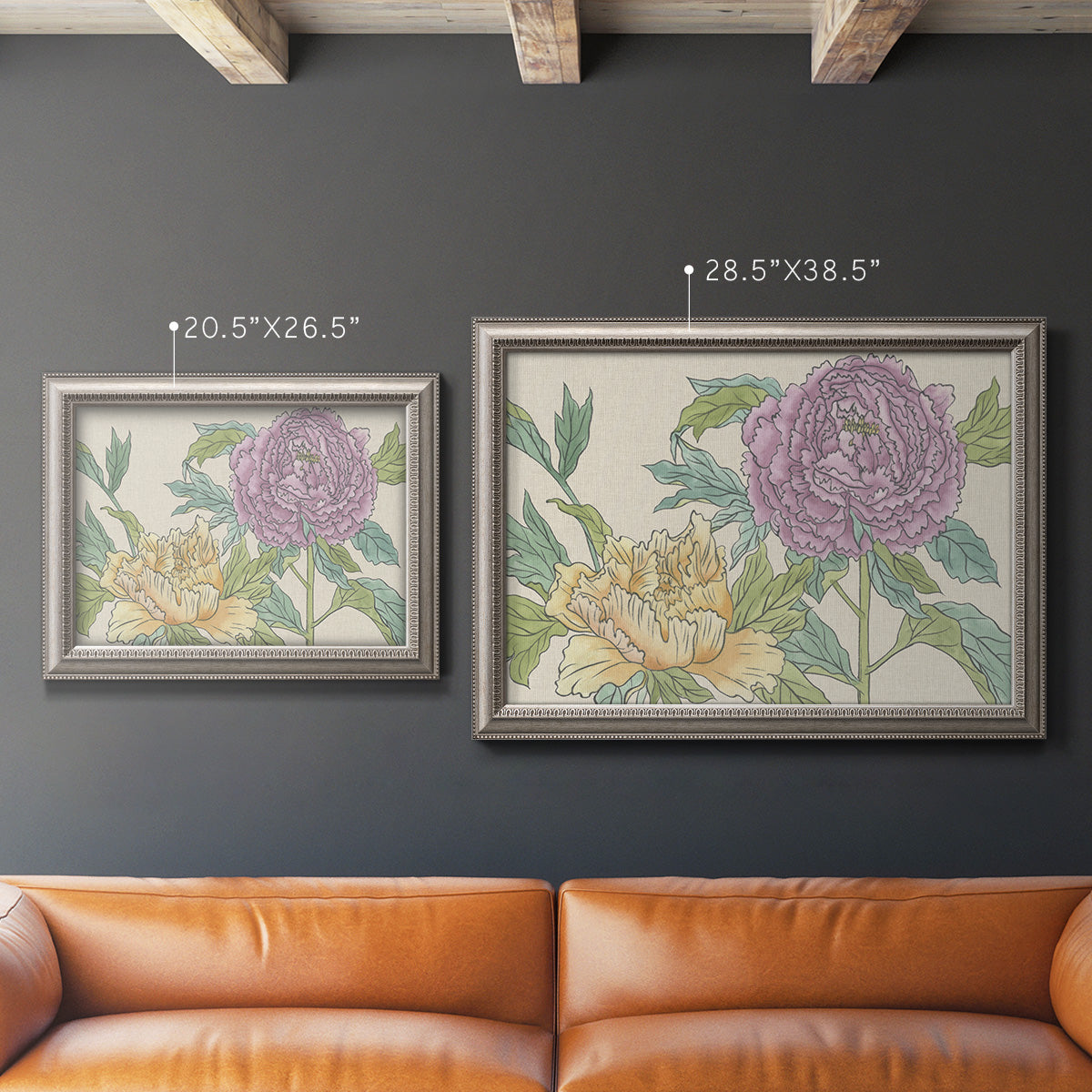 Contemporary peony flower illustration in an ornate vintage silver frame shown in multiple size options.