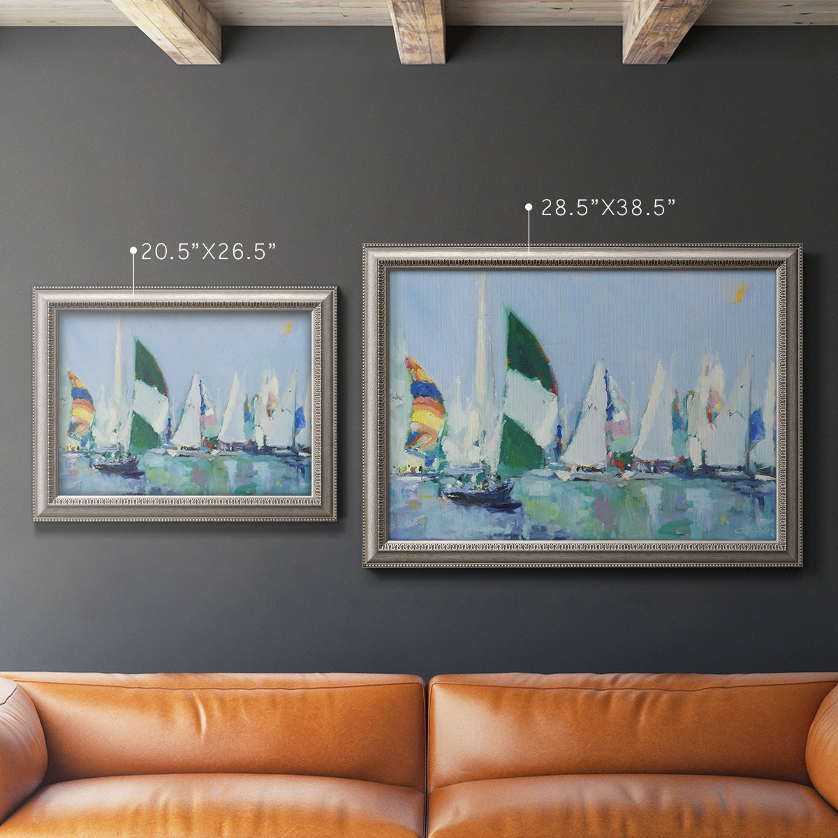 Coastal harbor watercolor painting in an ornate vintage silver frame shown in multiple size options.