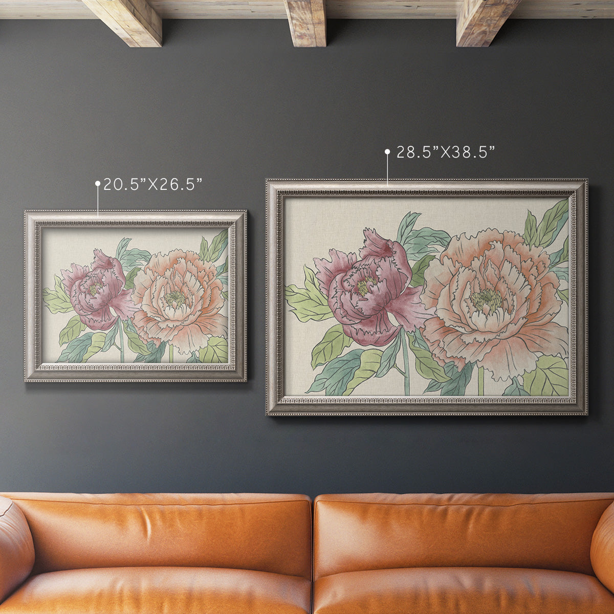 Modern peony floral drawing in an ornate vintage silver frame shown in multiple size options.