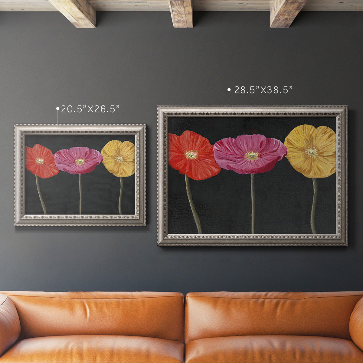 Contemporary poppy flower artwork in an ornate vintage silver frame shown in multiple size options.