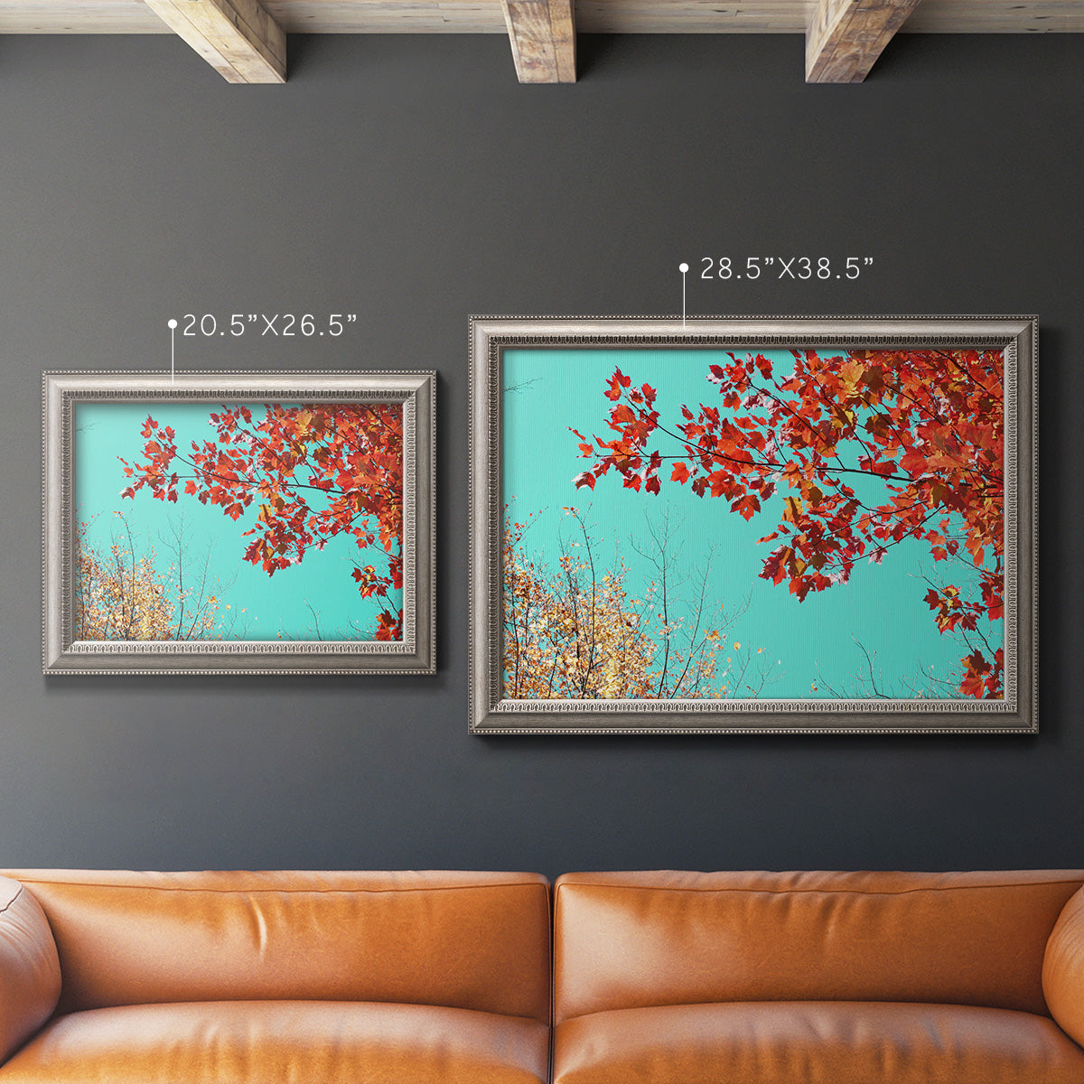Red autumn leaves against a blue sky in an ornate vintage silver frame shown in multiple size options.