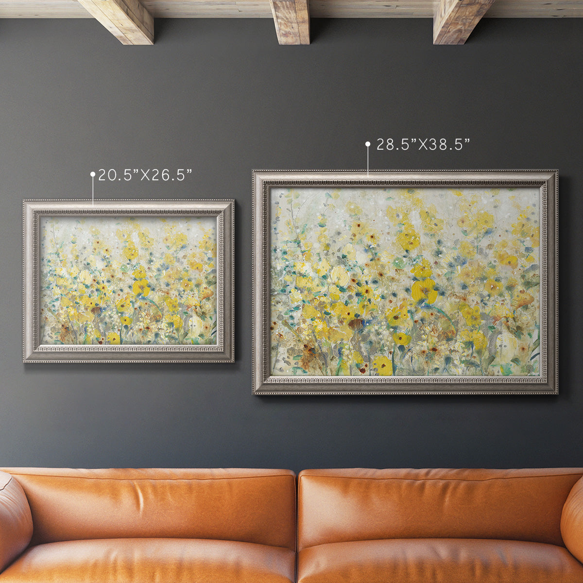 French country floral garden artwork in an ornate vintage silver frame shown in multiple size options.