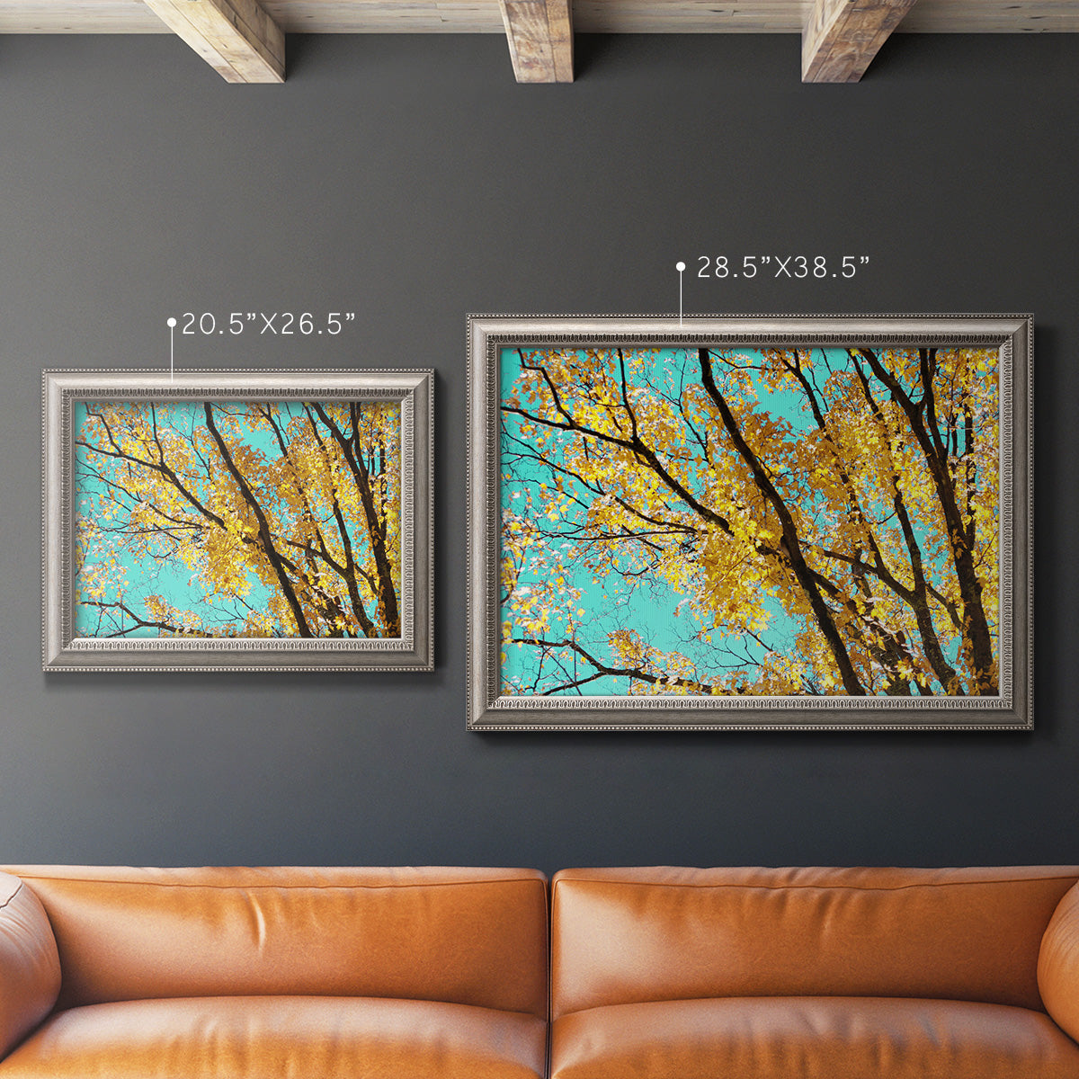 Bright autumn leaves against a blue sky in an ornate vintage silver frame shown in multiple size options.