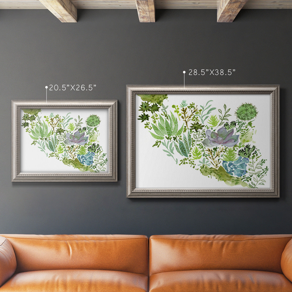 Contemporary abstract succulent botanical watercolor in an ornate vintage silver frame shown in multiple size options.