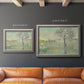 Classical watercolor landscape with trees in an ornate vintage silver frame shown in multiple size options.