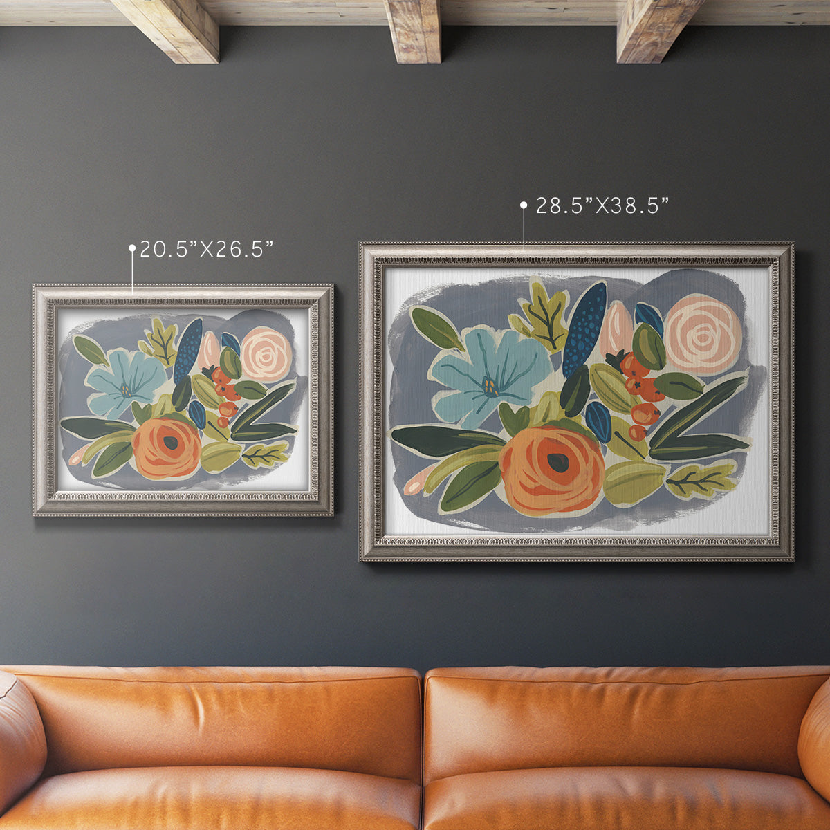 Bold modern botanical illustration in an ornate vintage silver frame shown in multiple size options.