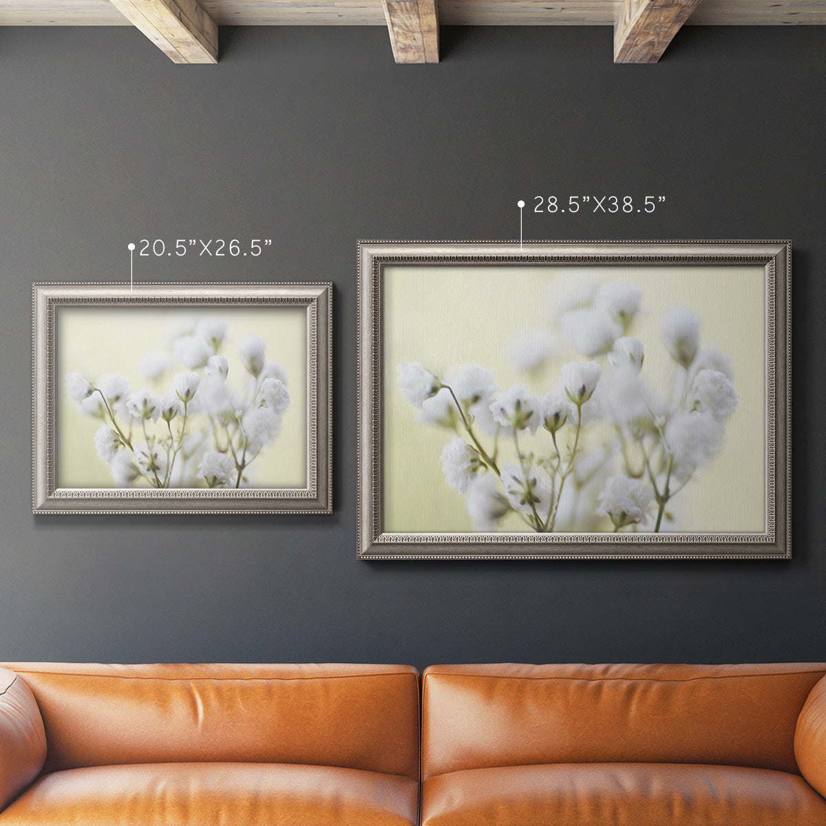 Soft-focus baby’s breath flower photograph in an ornate vintage silver frame shown in multiple size options.