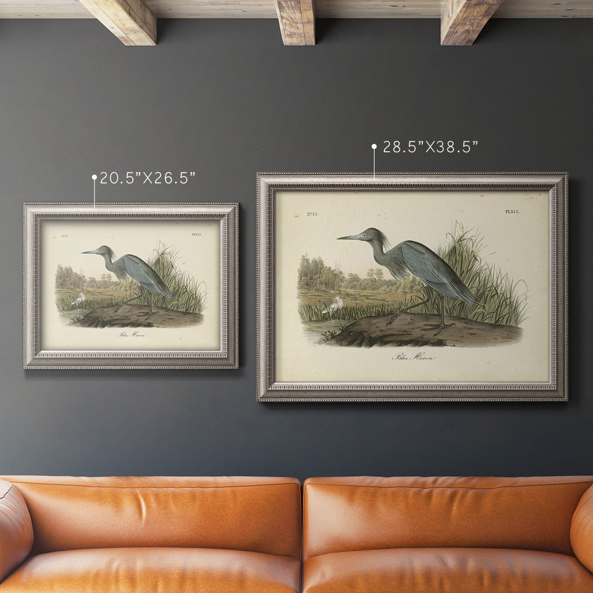 Antique blue heron bird illustration by John James Audubon in an ornate vintage silver frame shown in multiple size options.