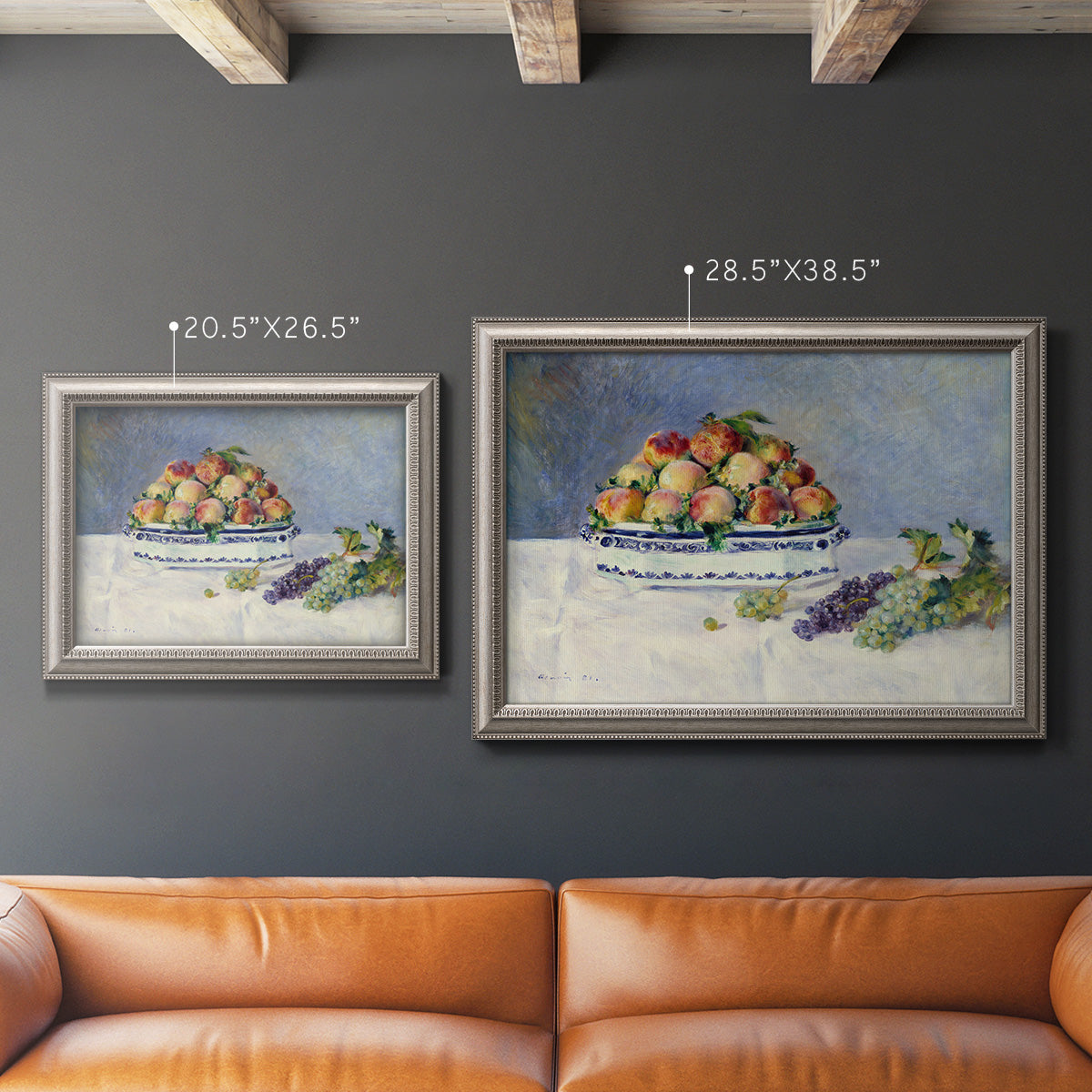 Impressionist still life painting with peaches and grapes in an ornate vintage silver frame shown in multiple size options.