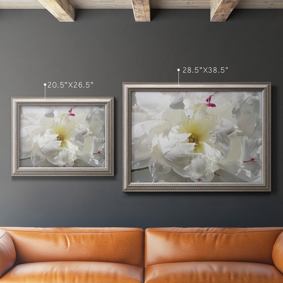 Close up view of peony petals in an ornate vintage silver frame shown in multiple size options.