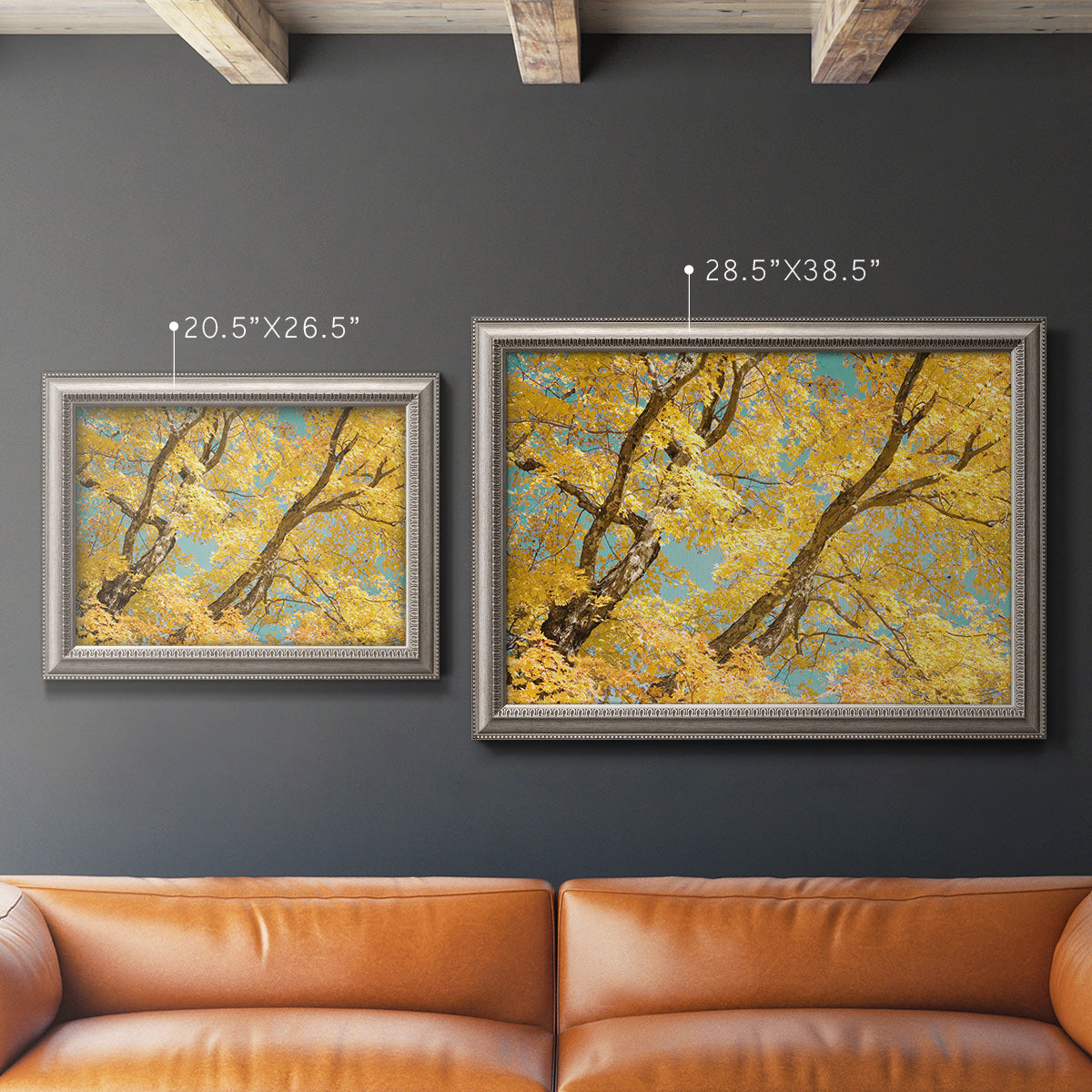 Vibrant yellow autumn leaves on branches in an ornate vintage silver frame shown in multiple size options.