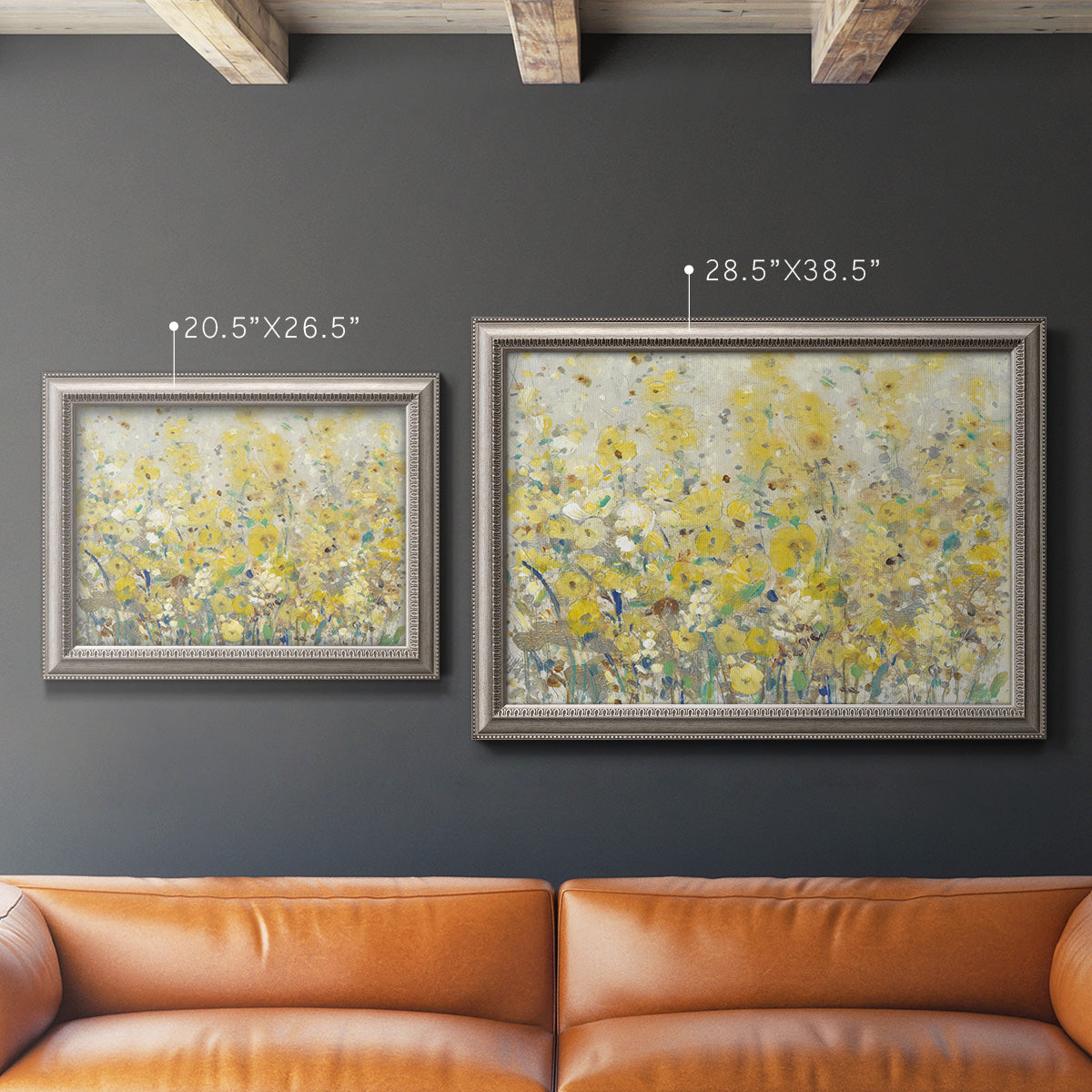 Impressionist floral garden painting in an ornate vintage silver frame shown in multiple size options.