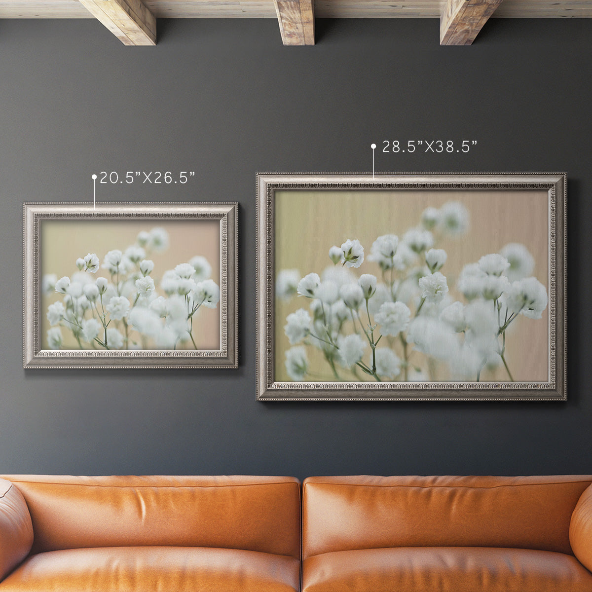 Delicate baby’s breath floral photograph in an ornate vintage silver frame shown in multiple size options.