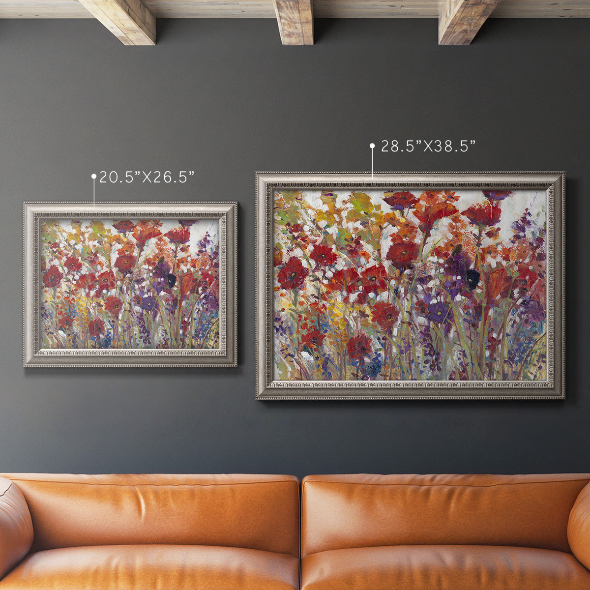 French country floral bouquet painting in an ornate vintage silver frame shown in multiple size options.