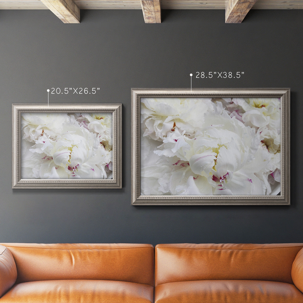 White peonies in bloom in an ornate vintage silver frame shown in multiple size options.