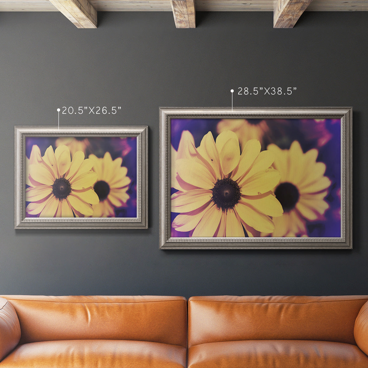 Bright black-eyed Susan flower photography in an ornate vintage silver frame shown in multiple size options.