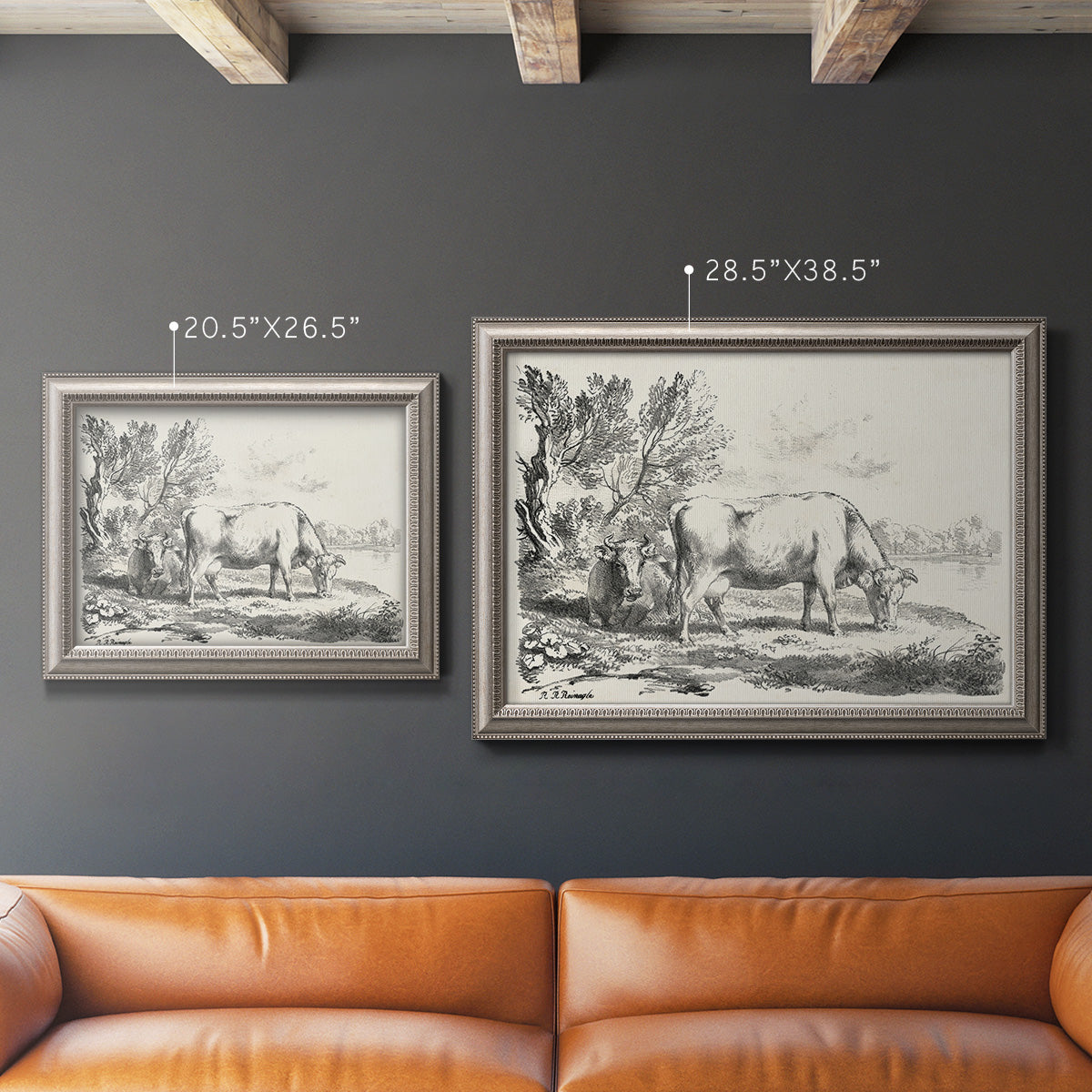 Traditional rural landscape scene by Nicolas Berchem in an ornate vintage silver frame shown in multiple size options.