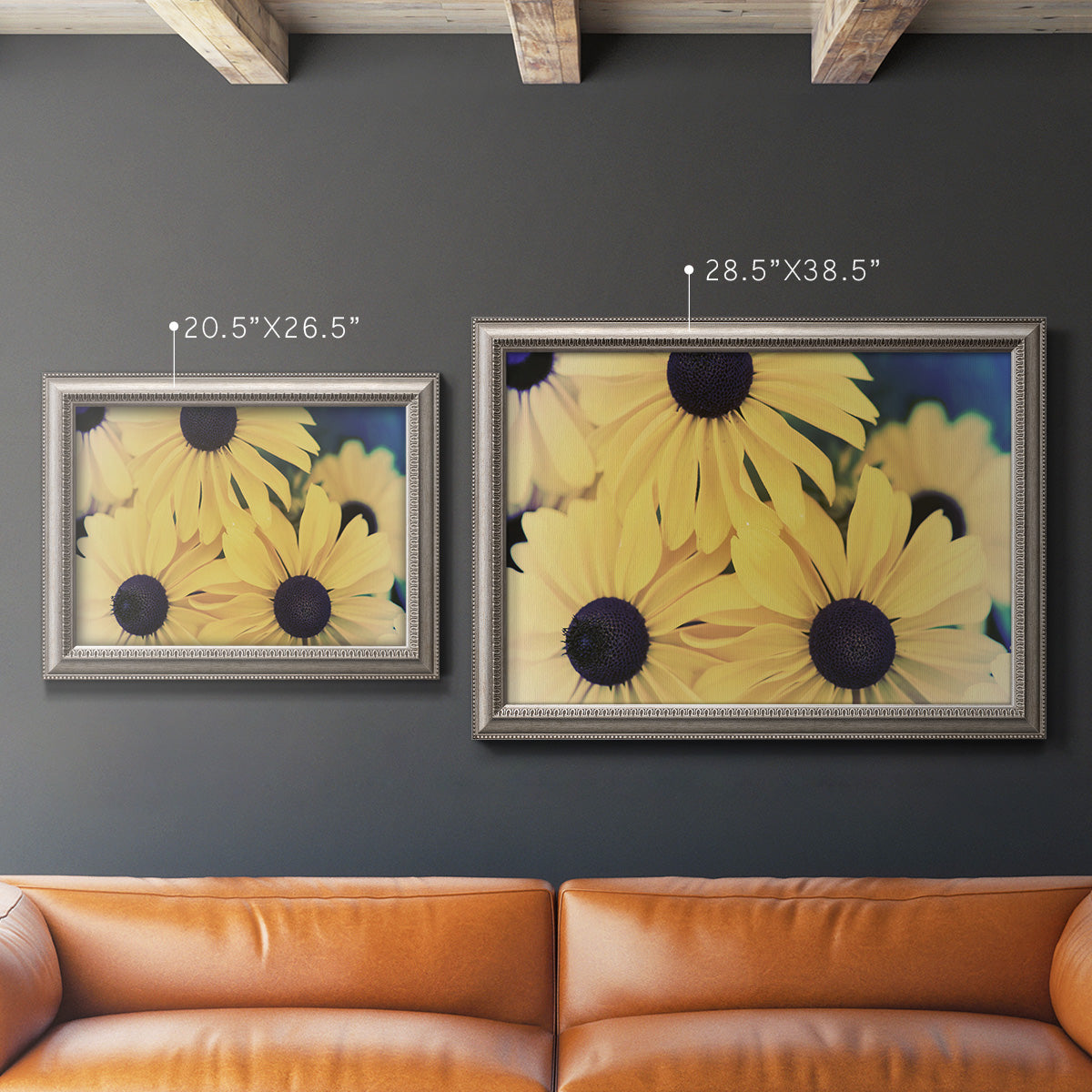 Modern sunflower-style Susan floral photograph in an ornate vintage silver frame shown in multiple size options.