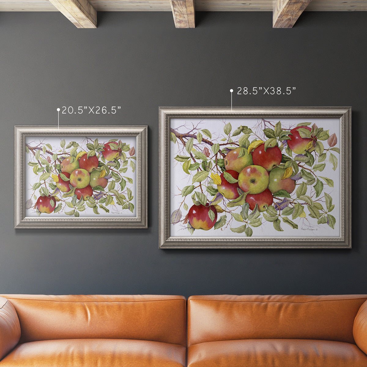 Classic still life painting of apples in an ornate vintage silver frame shown in multiple size options.