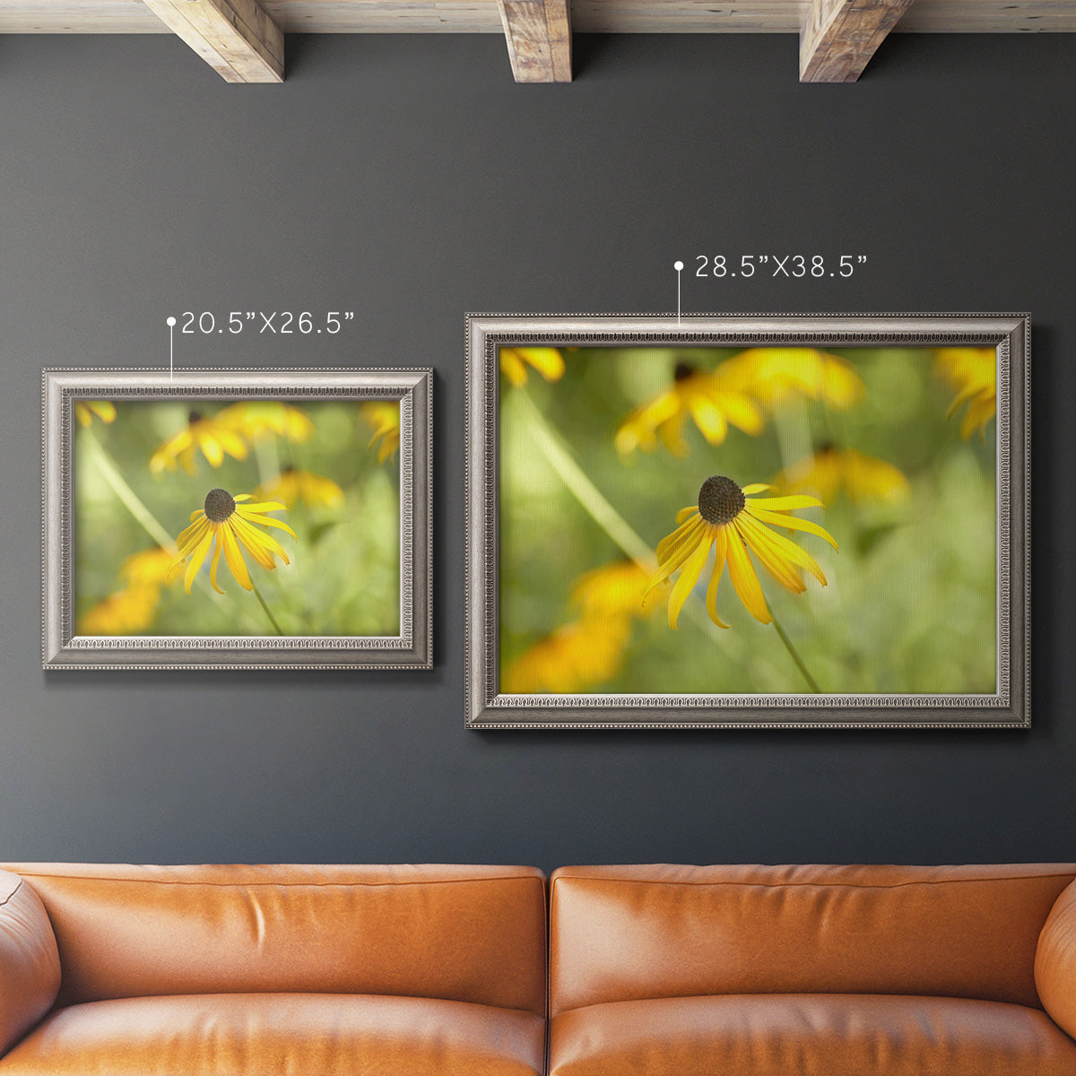 Contemporary black-eyed Susan flower photography in an ornate vintage silver frame shown in multiple size options.
