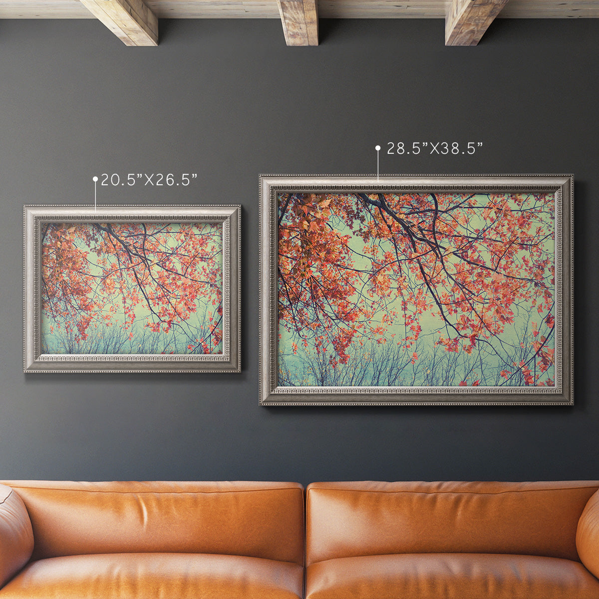 Eclectic fall floral landscape artwork in an ornate vintage silver frame shown in multiple size options.