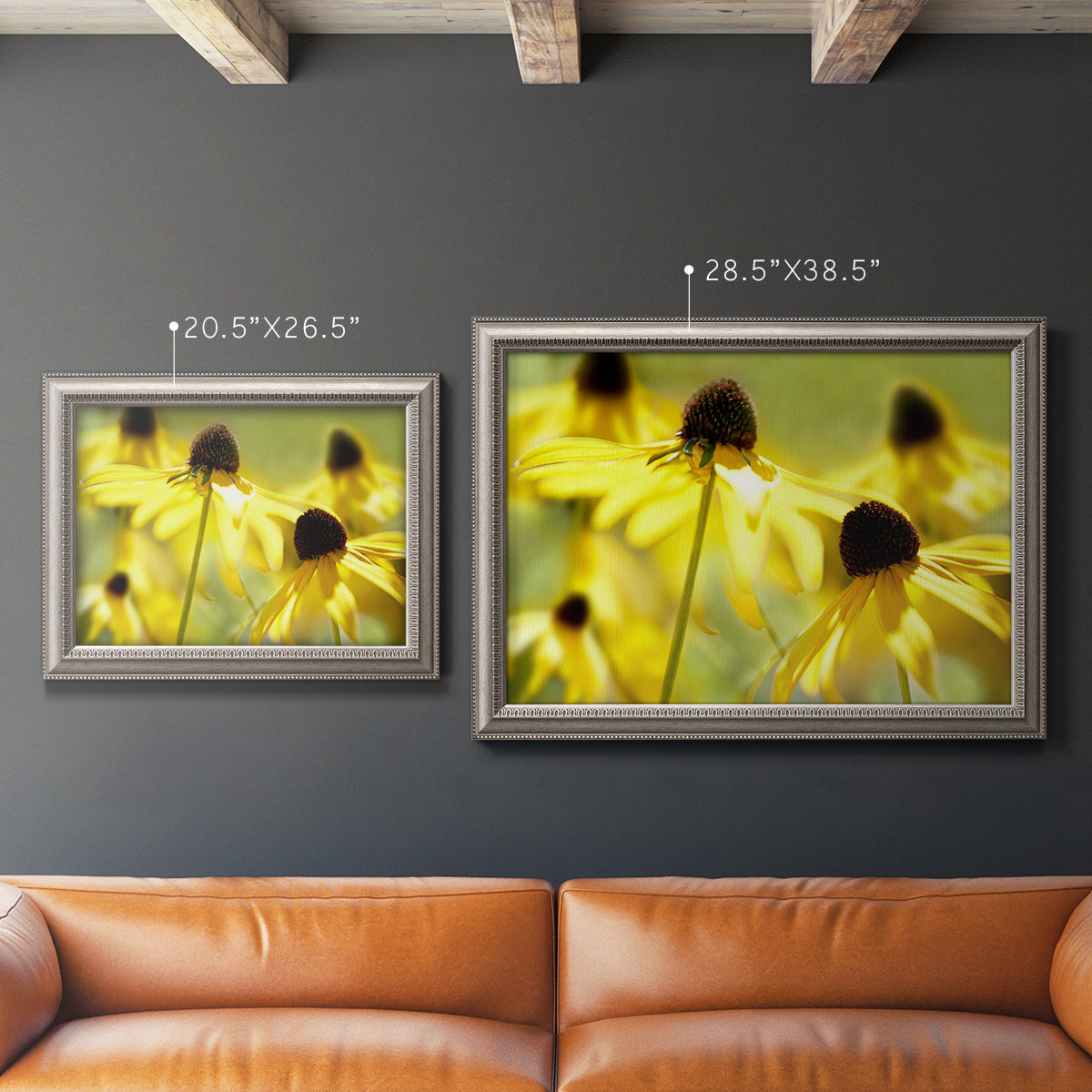 Modern floral Susan flower photography in an ornate vintage silver frame shown in multiple size options.