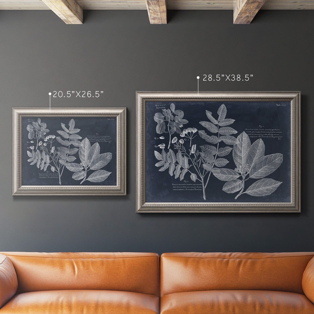 Antique botanical foliage artwork on navy background in an ornate vintage silver frame shown in multiple size options.