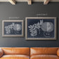 Vintage botanical foliage illustration on navy background in an ornate vintage silver frame shown in multiple size options.