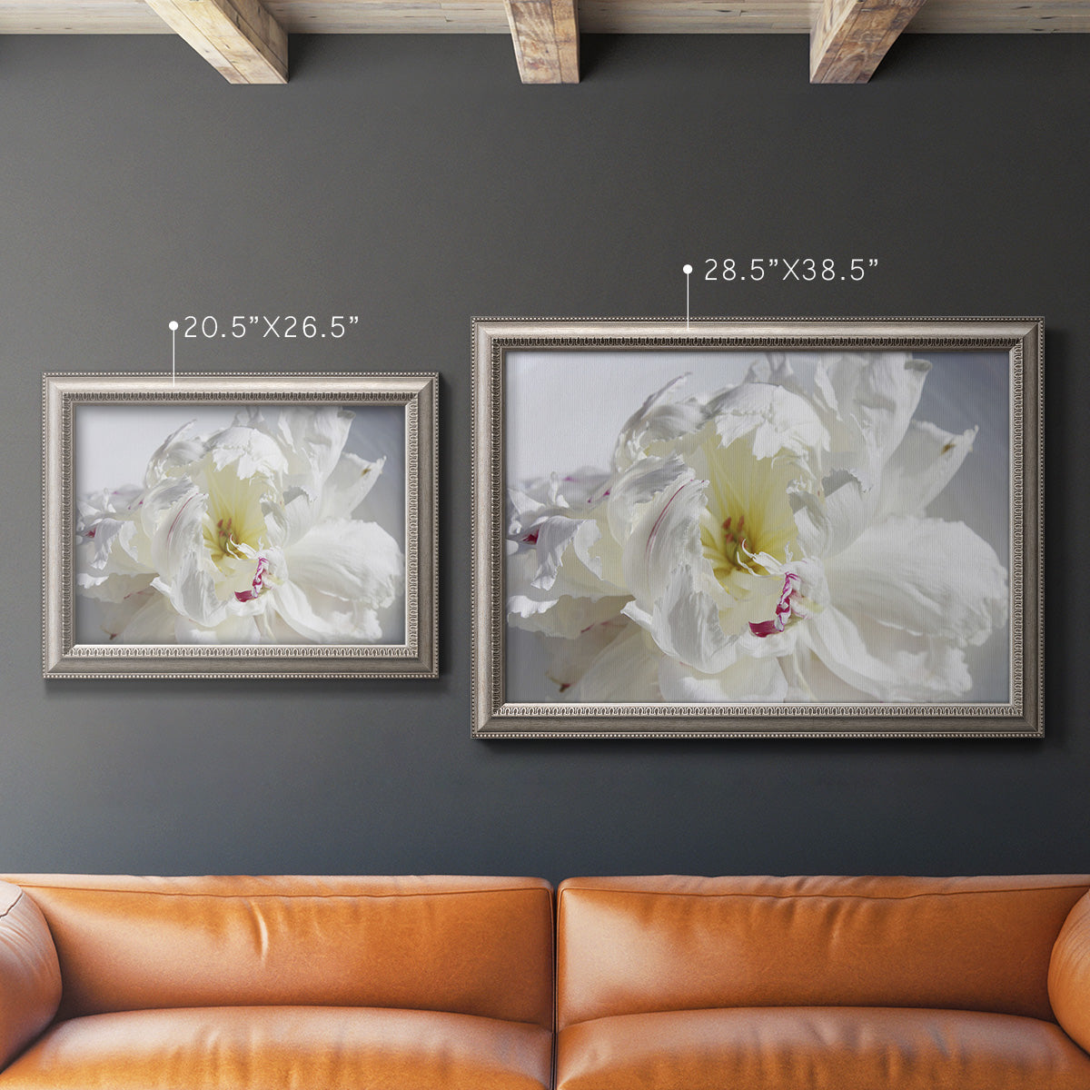 Soft white peony close-up in an ornate vintage silver frame shown in multiple size options.