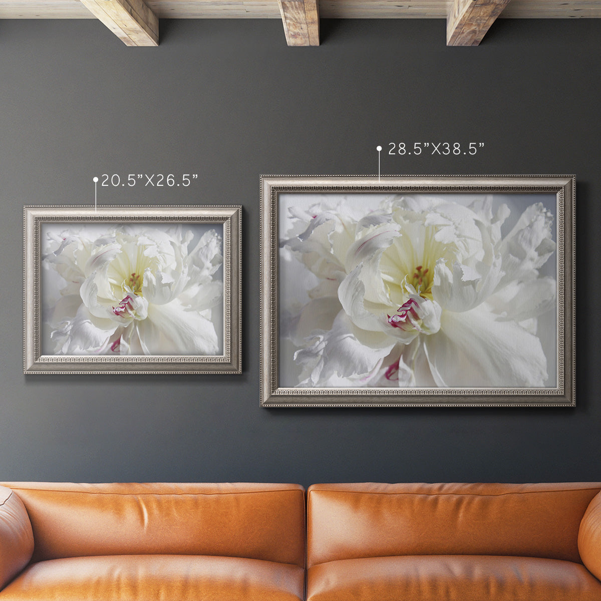 White floral photography close-up in an ornate vintage silver frame shown in multiple size options.