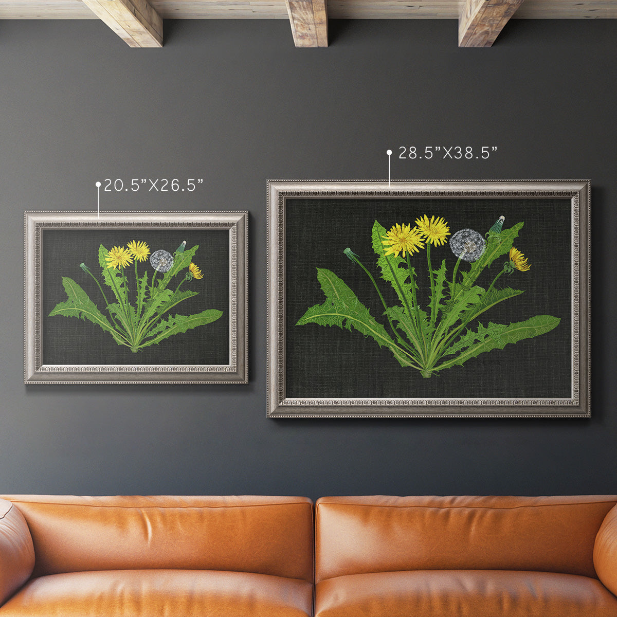 Classic botanical dandelion illustration in an ornate vintage silver frame shown in multiple size options.