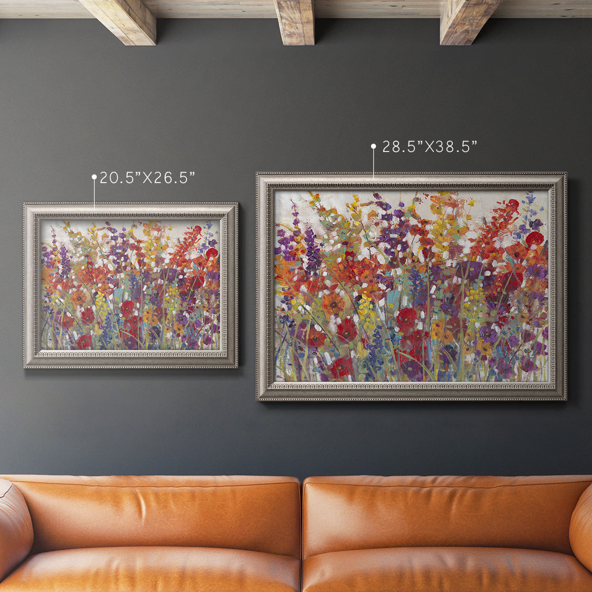 Impressionist floral bouquet artwork in an ornate vintage silver frame shown in multiple size options.
