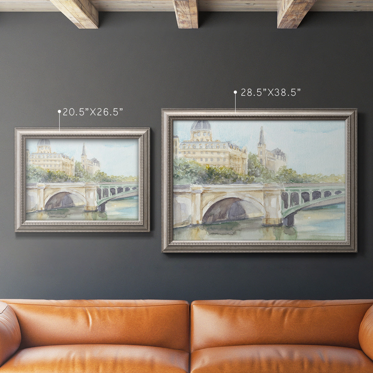 Classical watercolor painting of a French bridge in an ornate vintage silver frame shown in multiple size options.