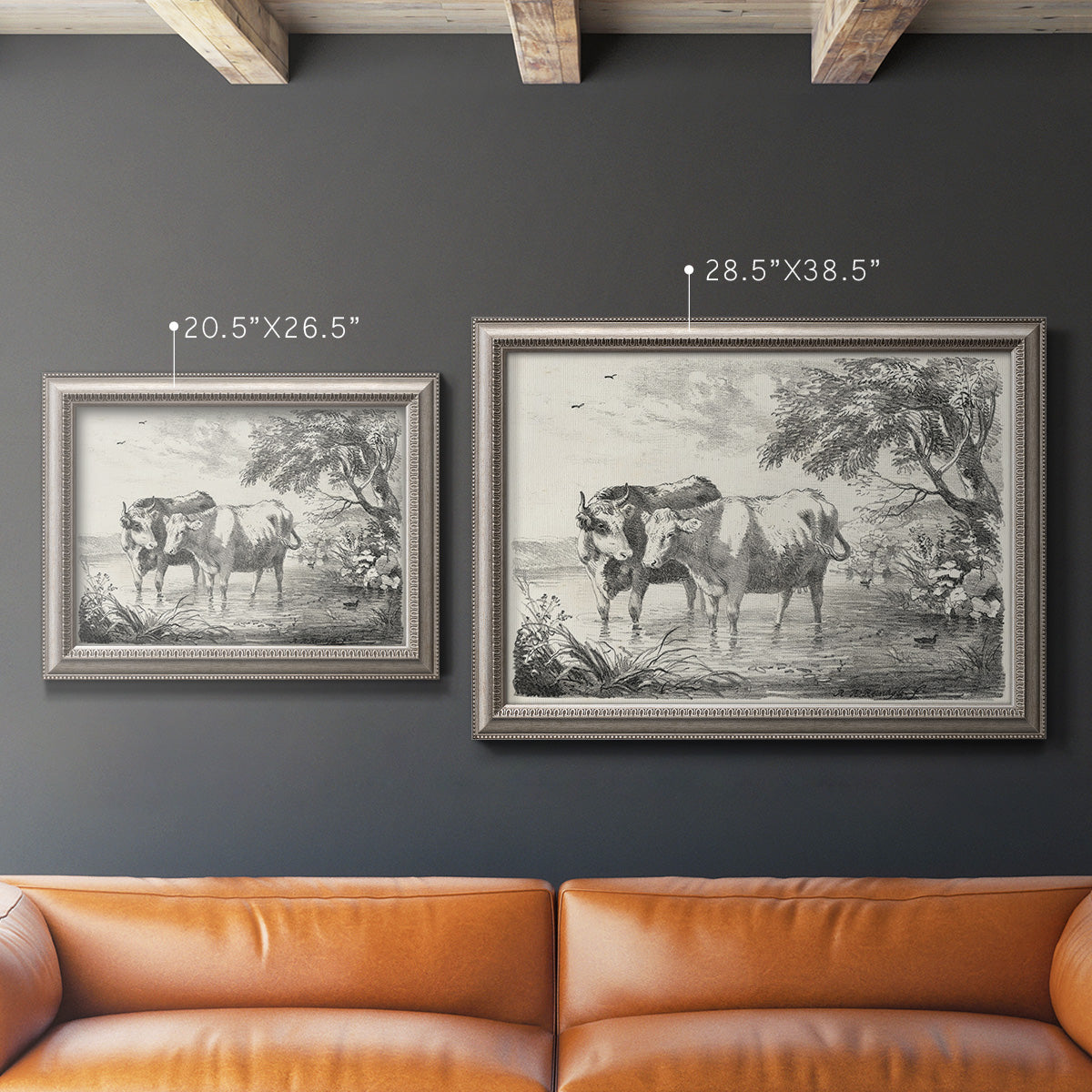 Classical countryside landscape artwork by Nicolas Berchem in an ornate vintage silver frame shown in multiple size options.