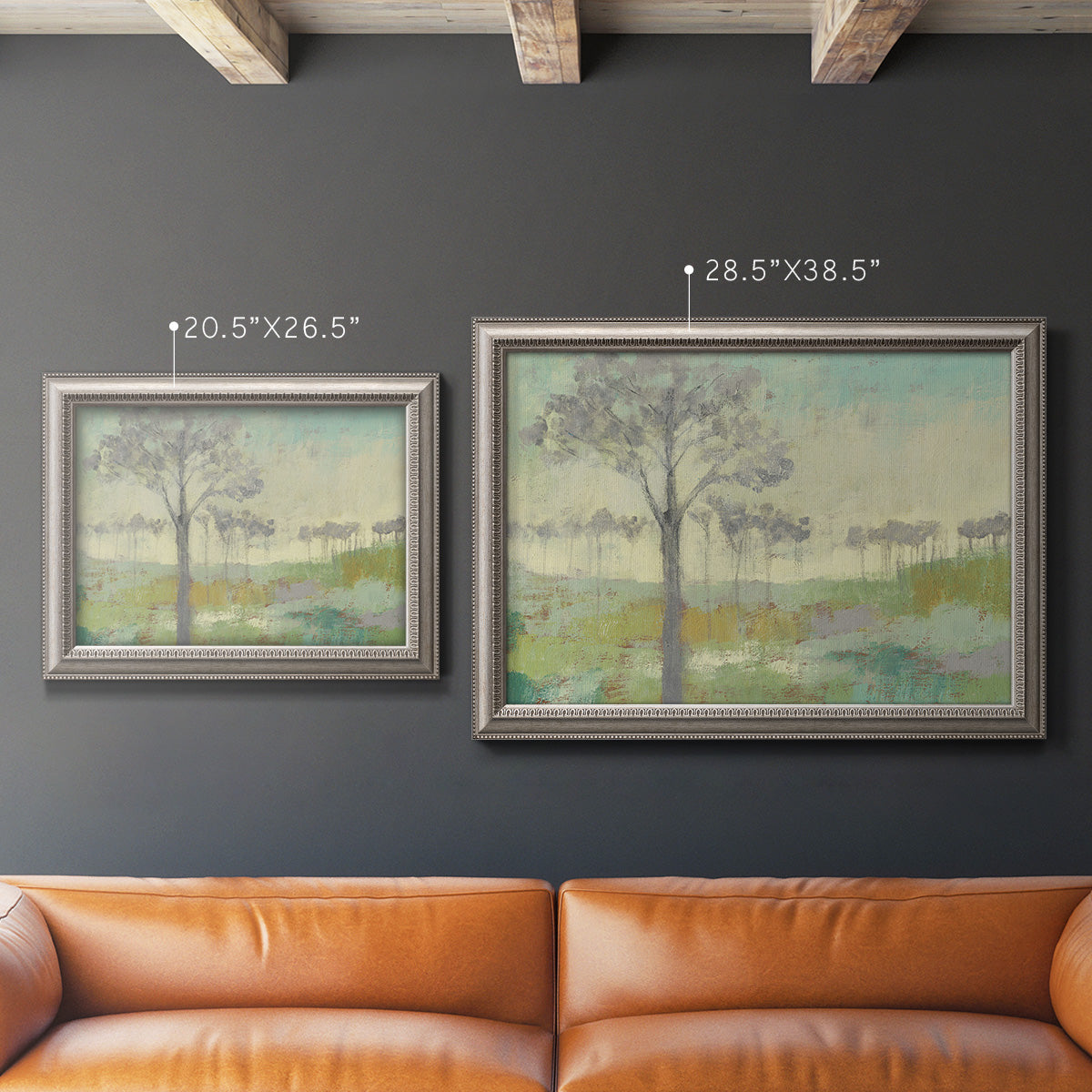 Traditional watercolor tree landscape artwork in an ornate vintage silver frame shown in multiple size options.