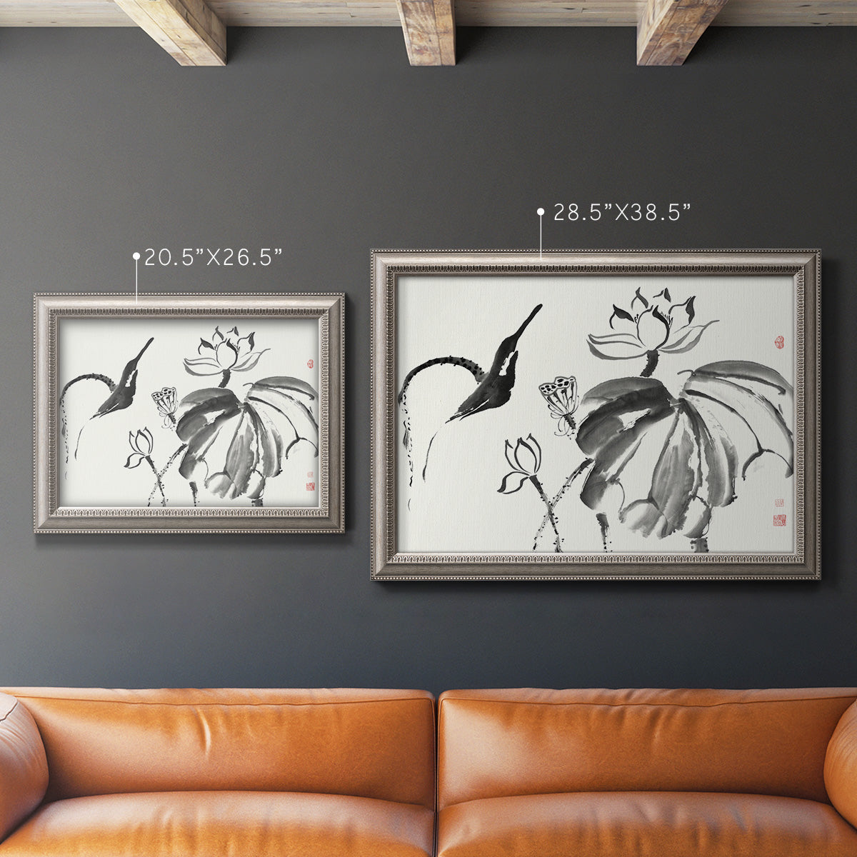 Asian-inspired lotus flower illustration in an ornate vintage silver frame shown in multiple size options.