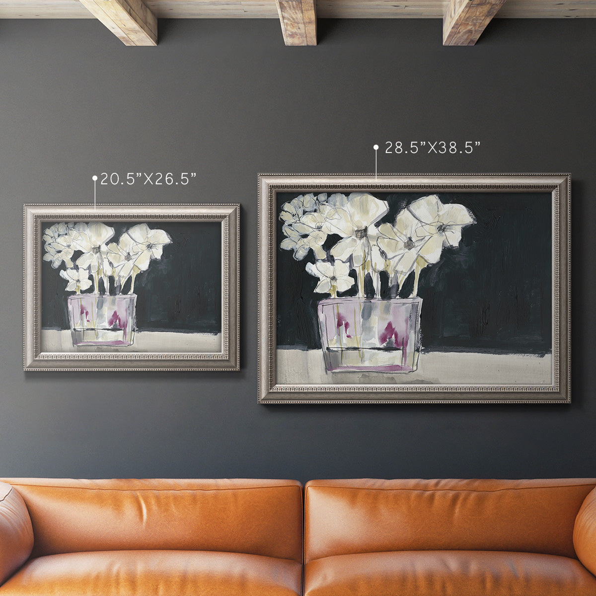 Contemporary floral watercolor with white flowers in an ornate vintage silver frame shown in multiple size options.