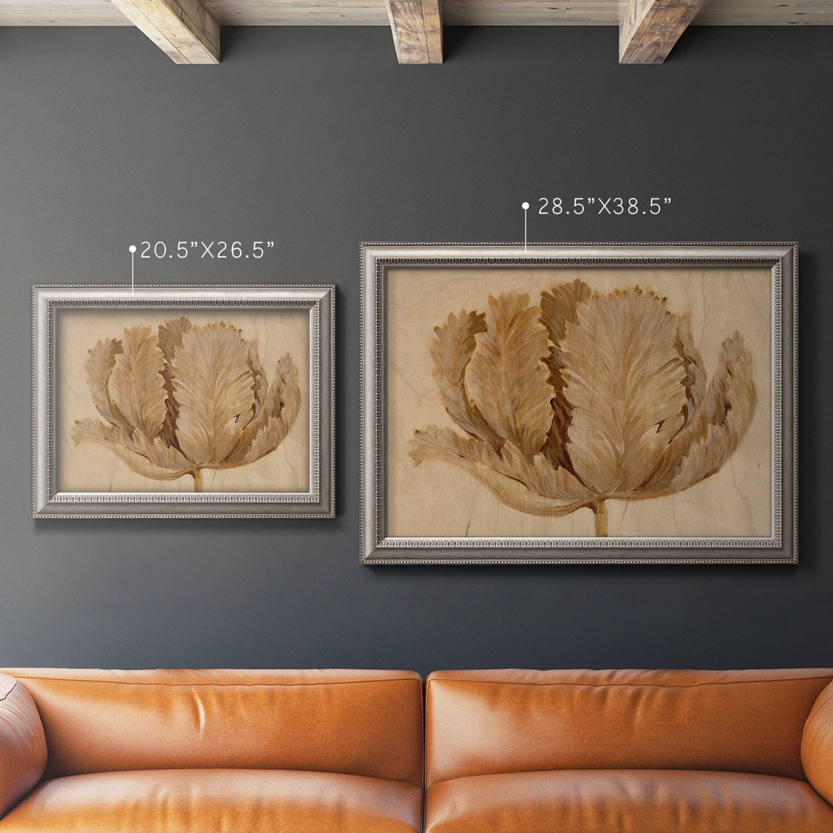 Monochrome sepia tulip flower in an ornate vintage silver frame shown in multiple size options.