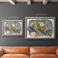 Colorful eclectic botanical artwork in an ornate vintage silver frame shown in multiple size options.