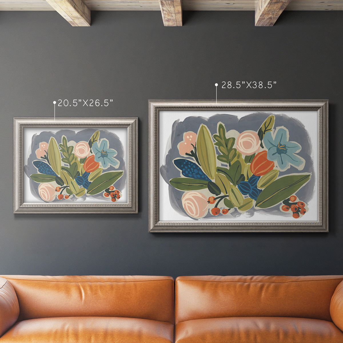 Colorful eclectic botanical artwork in an ornate vintage silver frame shown in multiple size options.