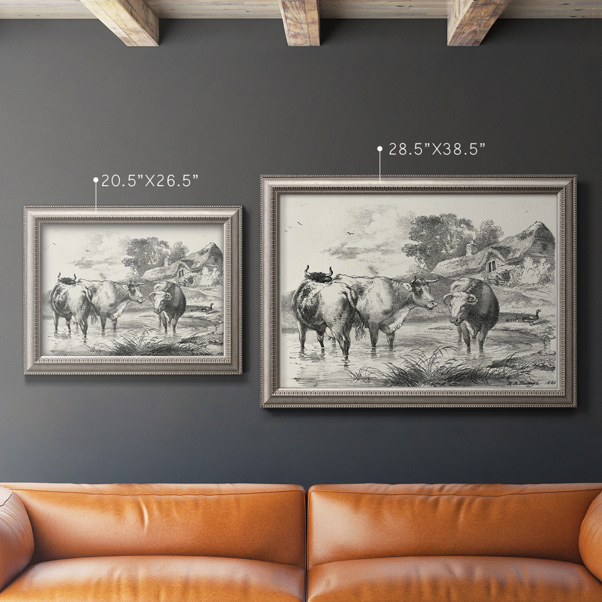 Classical rural landscape artwork by Nicolas Berchem in an ornate vintage silver frame shown in multiple size options.