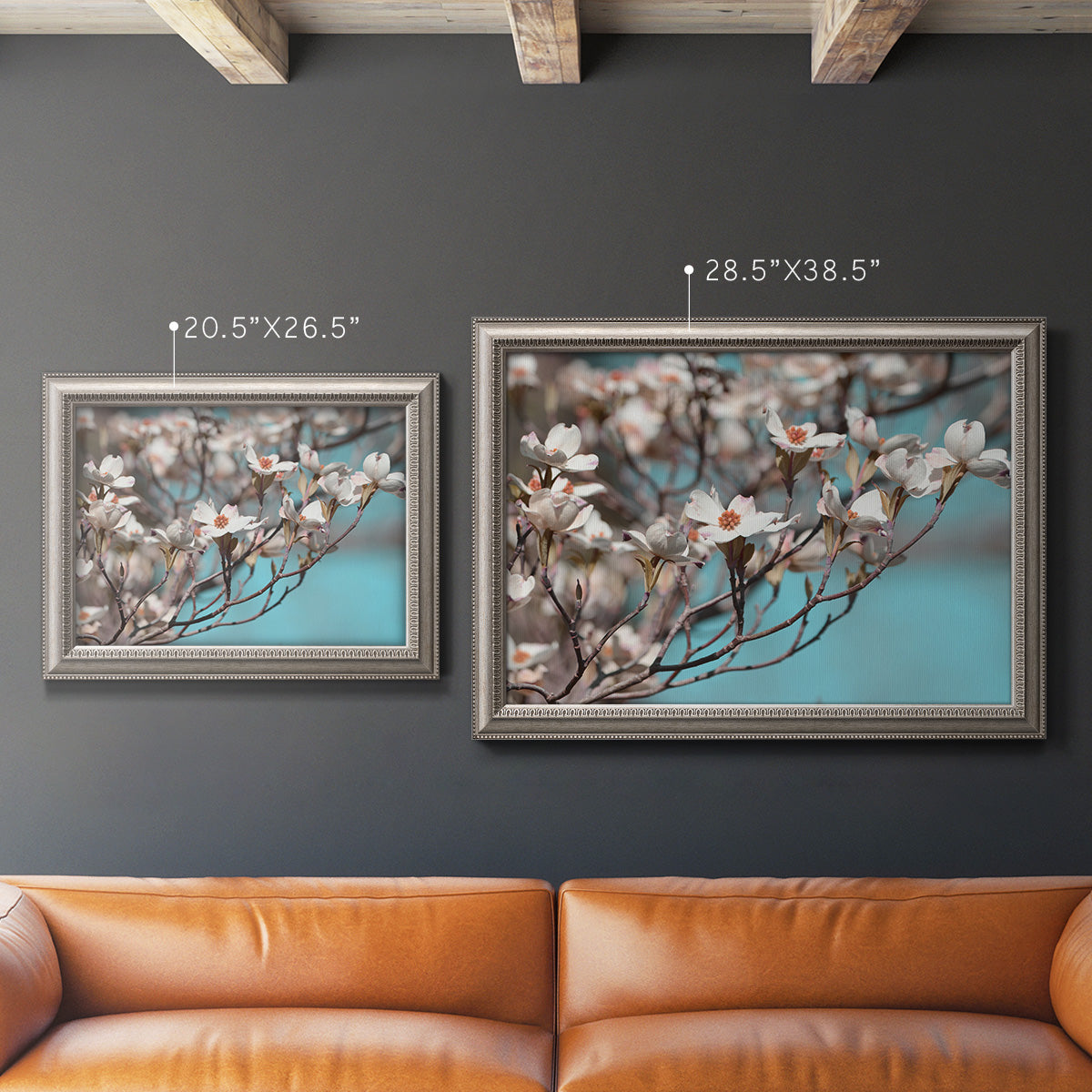 Color-rich dogwood floral photography in an ornate vintage silver frame shown in multiple size options.
