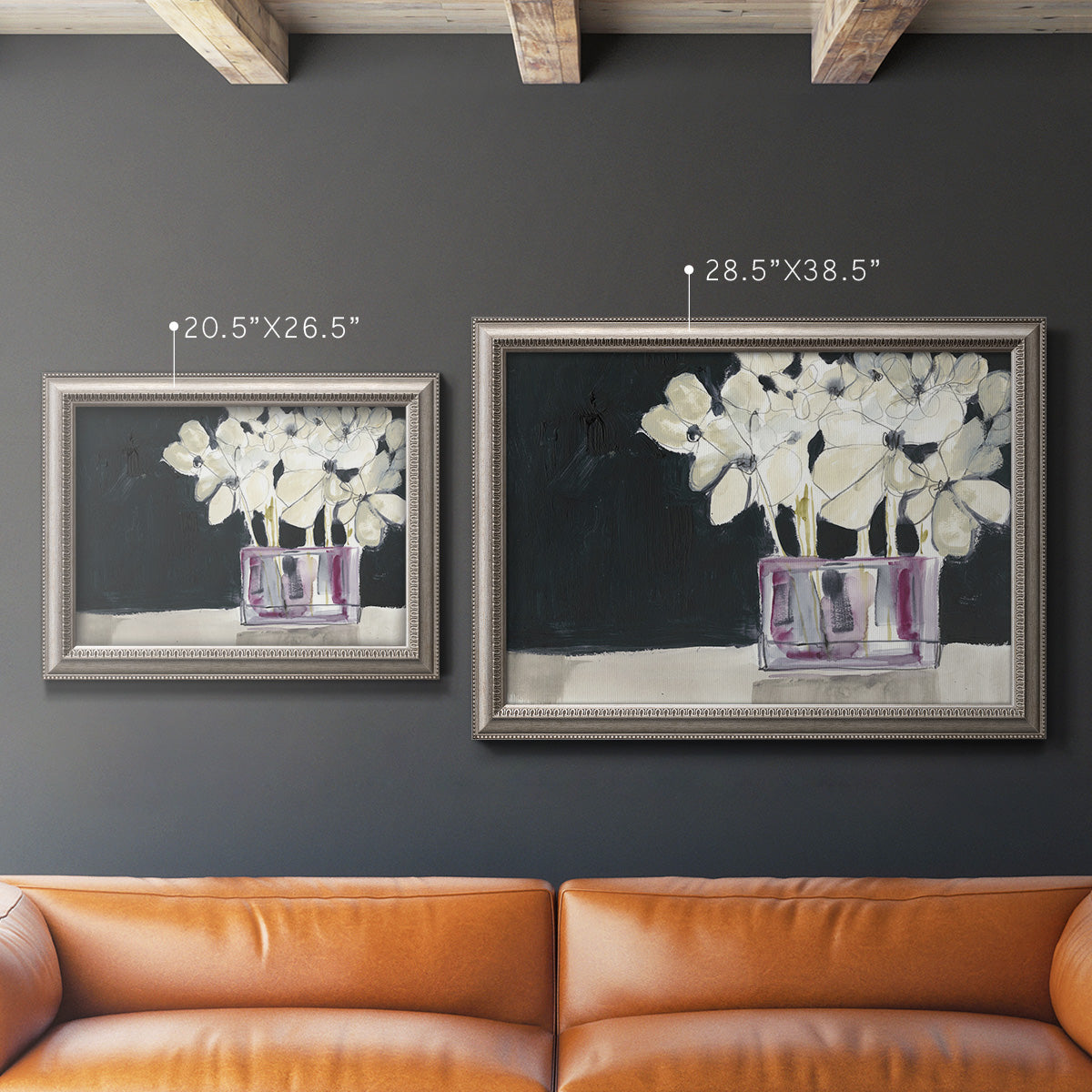 Modern abstract white floral watercolor artwork in an ornate vintage silver frame shown in multiple size options.
