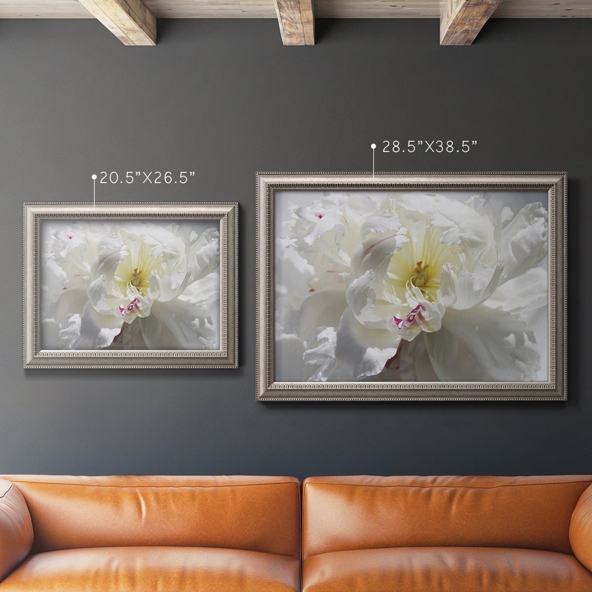 Neutral white peony photography in an ornate vintage silver frame shown in multiple size options.