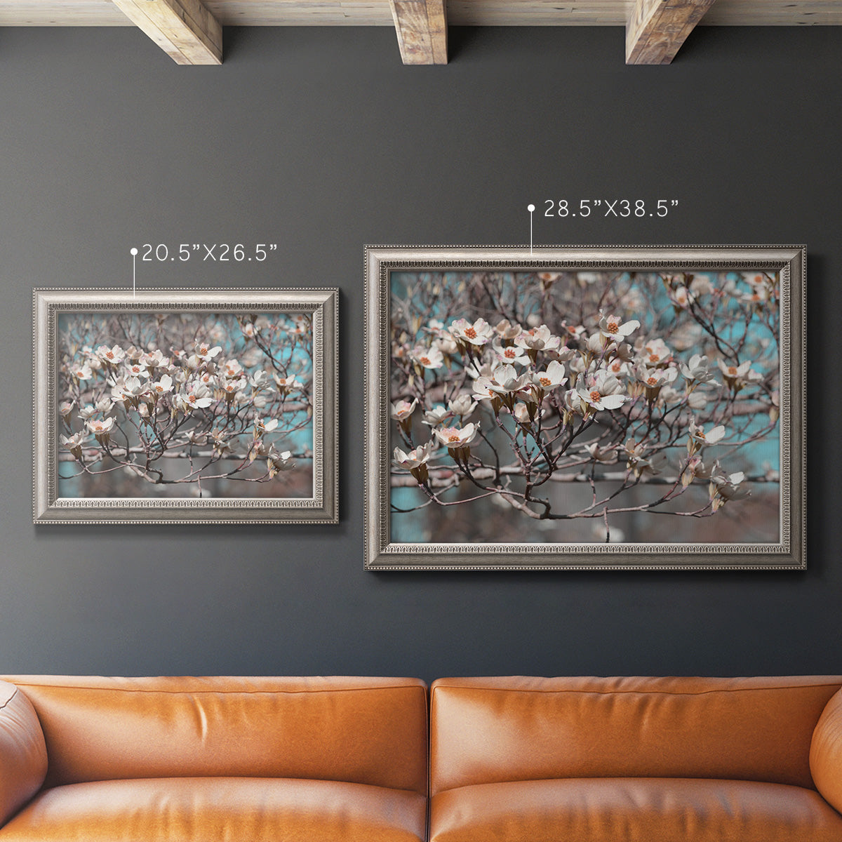 Modern spring dogwood flower photograph in an ornate vintage silver frame shown in multiple size options.