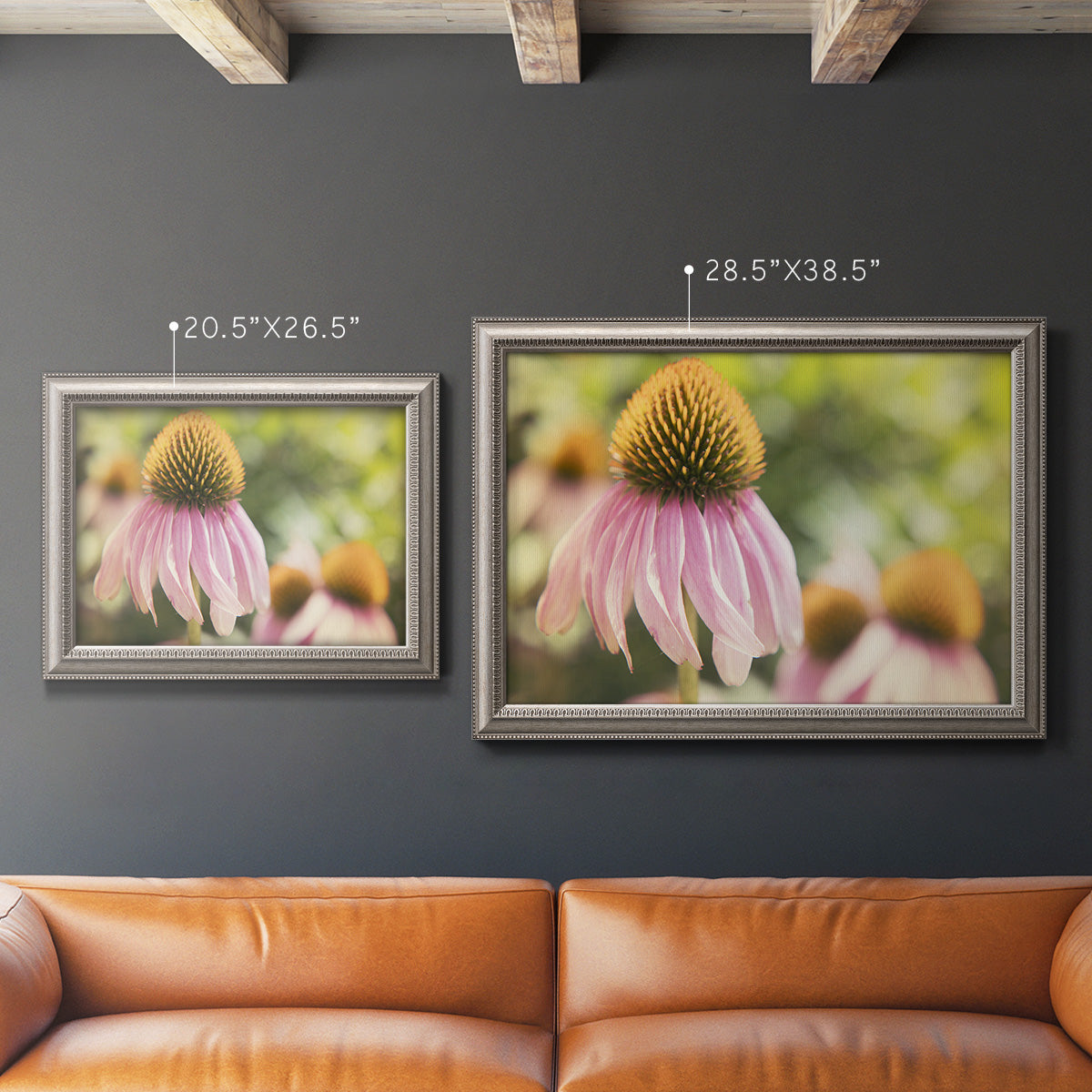 Close-up echinacea bloom photography in an ornate vintage silver frame shown in multiple size options.