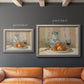 Impressionist still life painting with apples and a ceramic pitcher in an ornate vintage silver frame shown in multiple size options.
