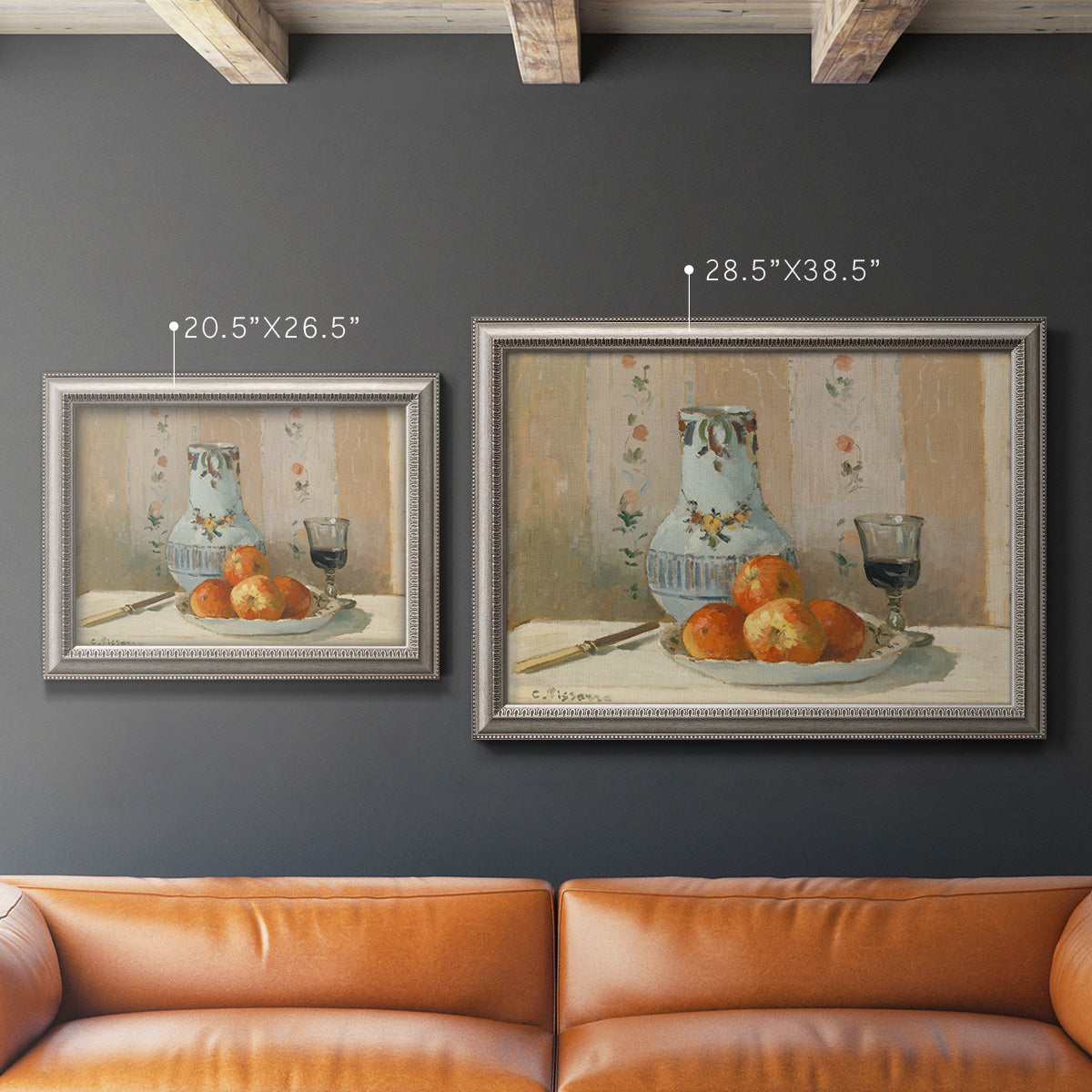 Impressionist still life painting with apples and a ceramic pitcher in an ornate vintage silver frame shown in multiple size options.