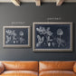 Antique botanical foliage illustration on navy background in an ornate vintage silver frame shown in multiple size options.